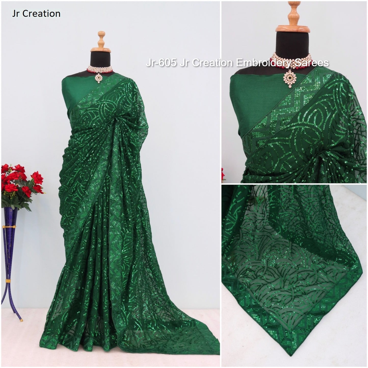 Jr-605 Green Jr Creation Embroidery Sarees