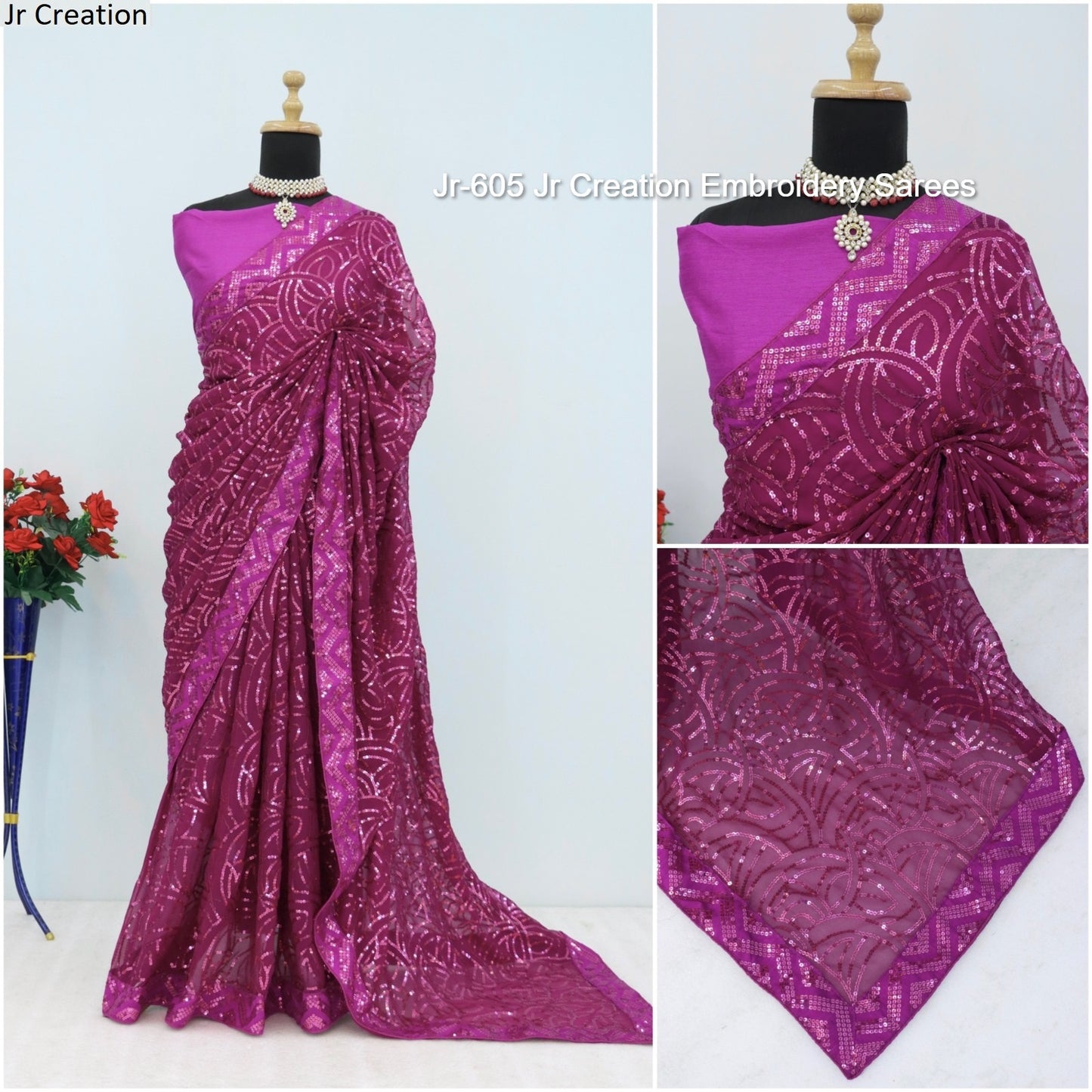 Jr-605 Pink Jr Creation Embroidery Sarees