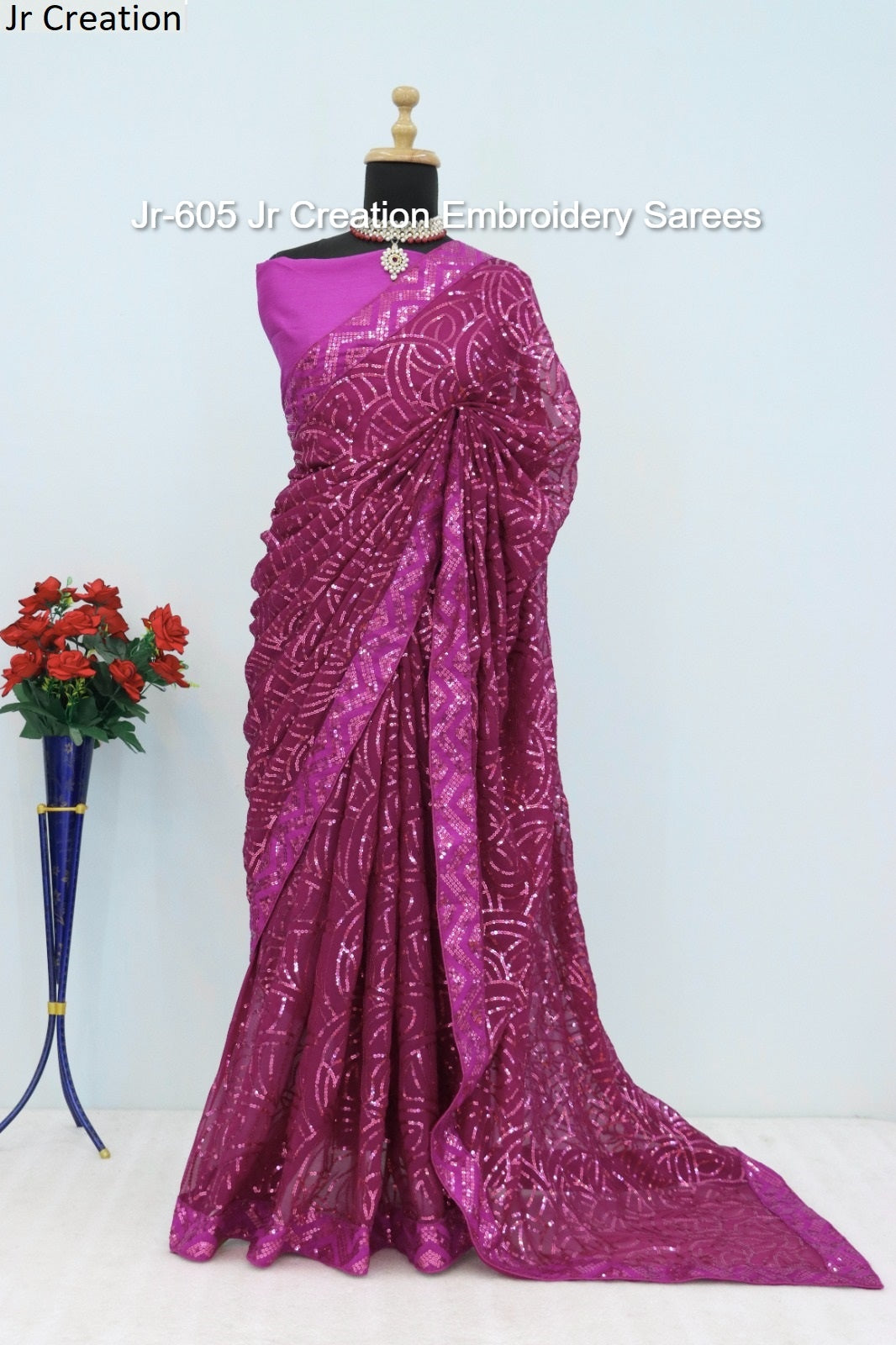 Jr-605 Pink Jr Creation Embroidery Sarees