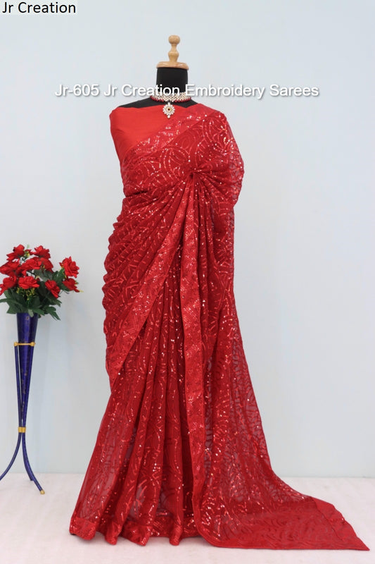 Jr-605 Red Jr Creation Embroidery Sarees
