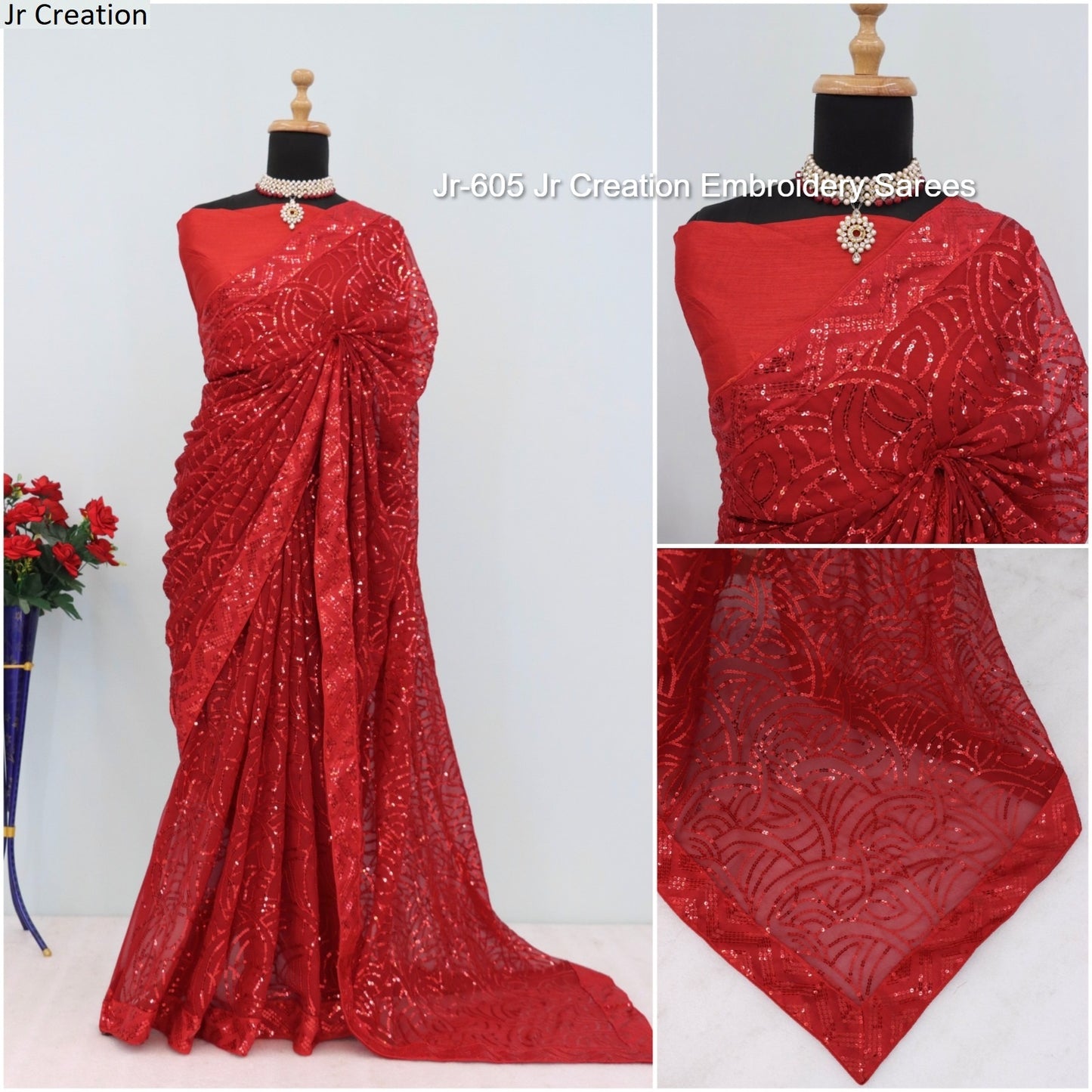 Jr-605 Red Jr Creation Embroidery Sarees