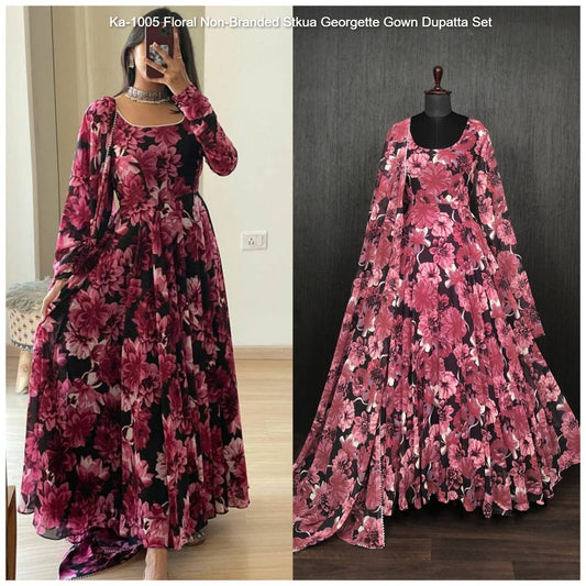 Ka-1005 Floral Non-Branded Stkua Georgette Gown Dupatta Set