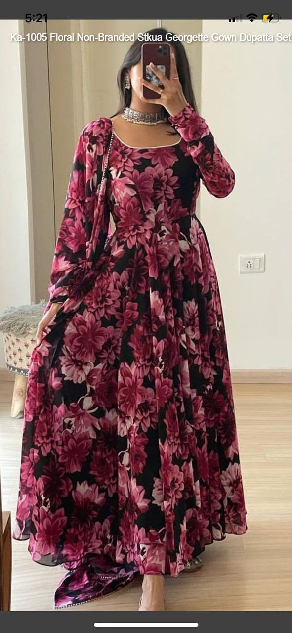Ka-1005 Floral Non-Branded Stkua Georgette Gown Dupatta Set