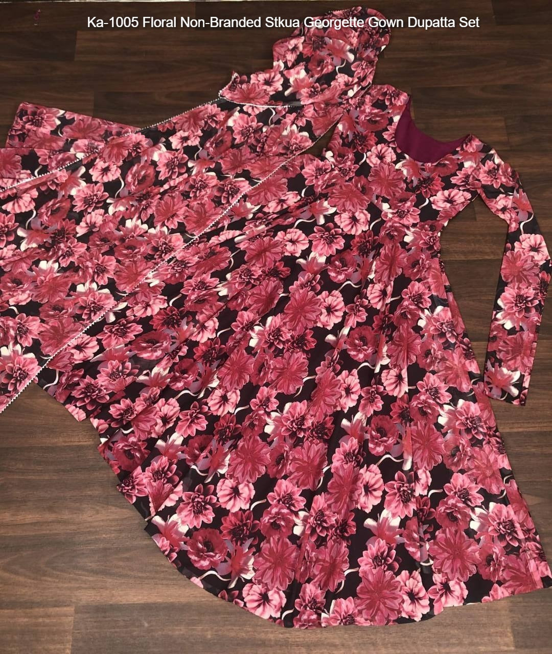 Ka-1005 Floral Non-Branded Stkua Georgette Gown Dupatta Set