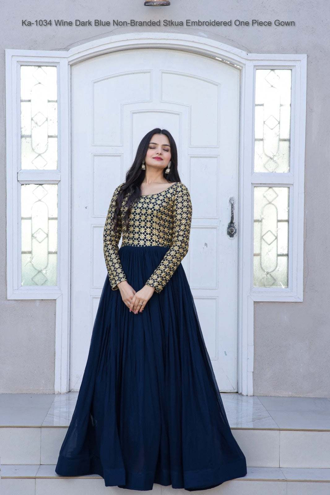 Ka-1034 Wine Dark Blue Non-Branded Stkua Embroidered One Piece Gown