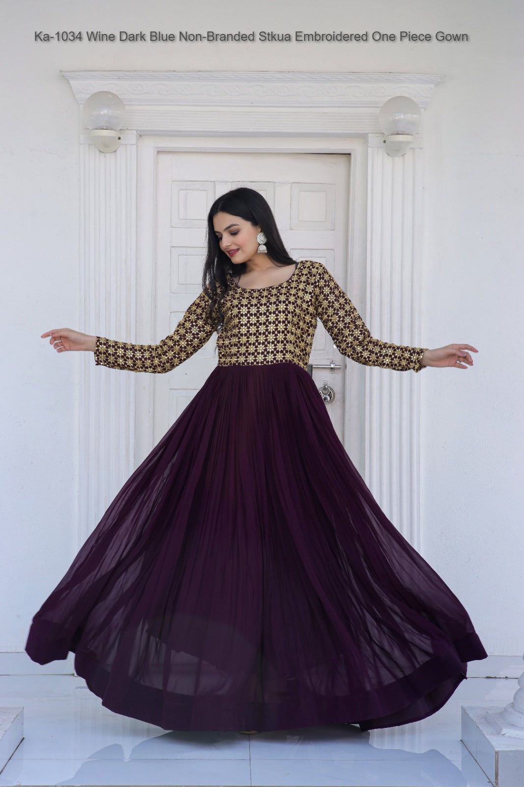 Ka-1034 Wine Dark Blue Non-Branded Stkua Embroidered One Piece Gown