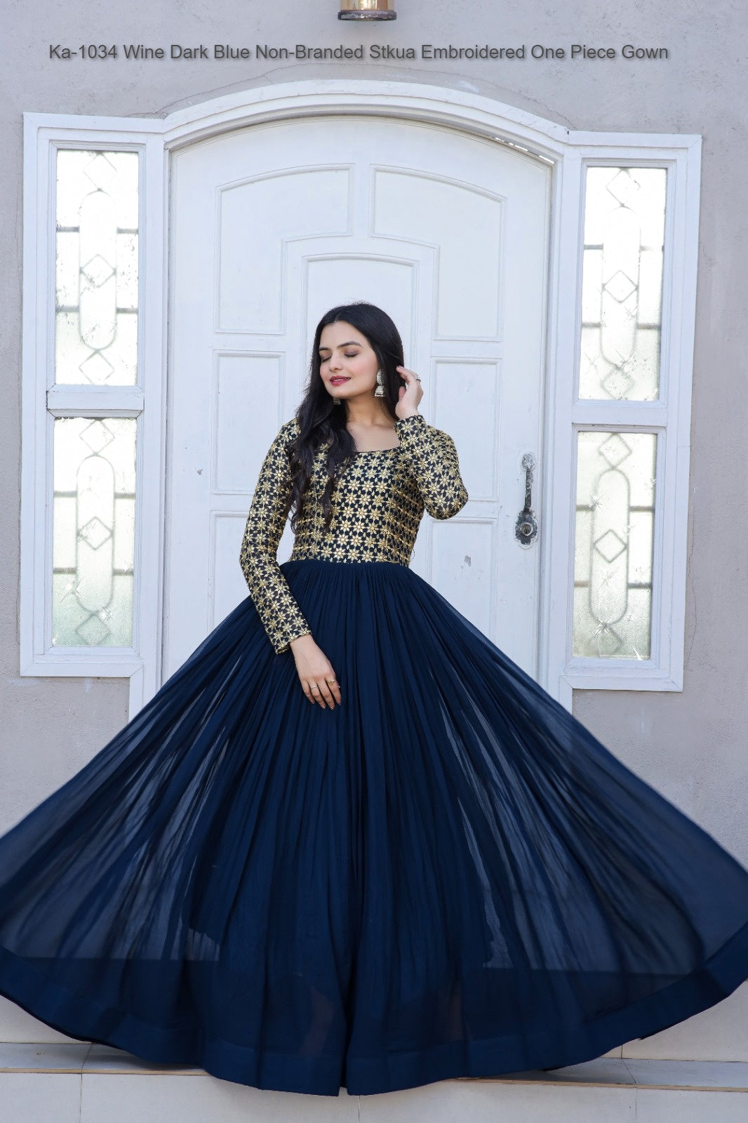 Ka-1034 Wine Dark Blue Non-Branded Stkua Embroidered One Piece Gown