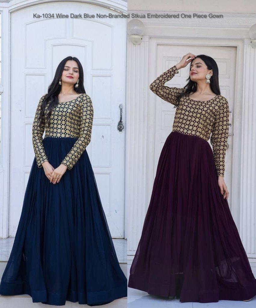 Ka-1034 Wine Dark Blue Non-Branded Stkua Embroidered One Piece Gown