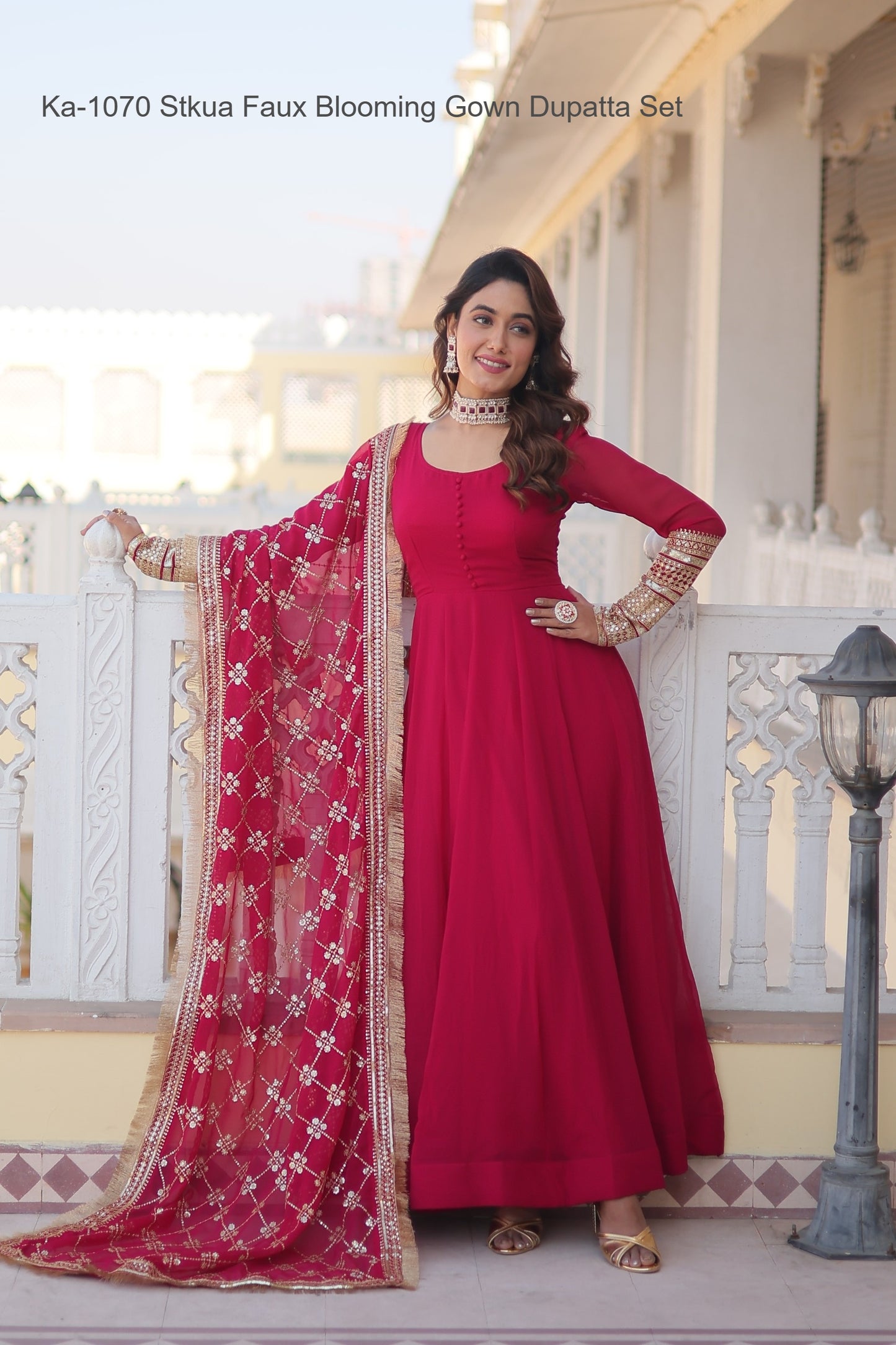 Ka-1070 Stkua Faux Blooming Gown Dupatta Set