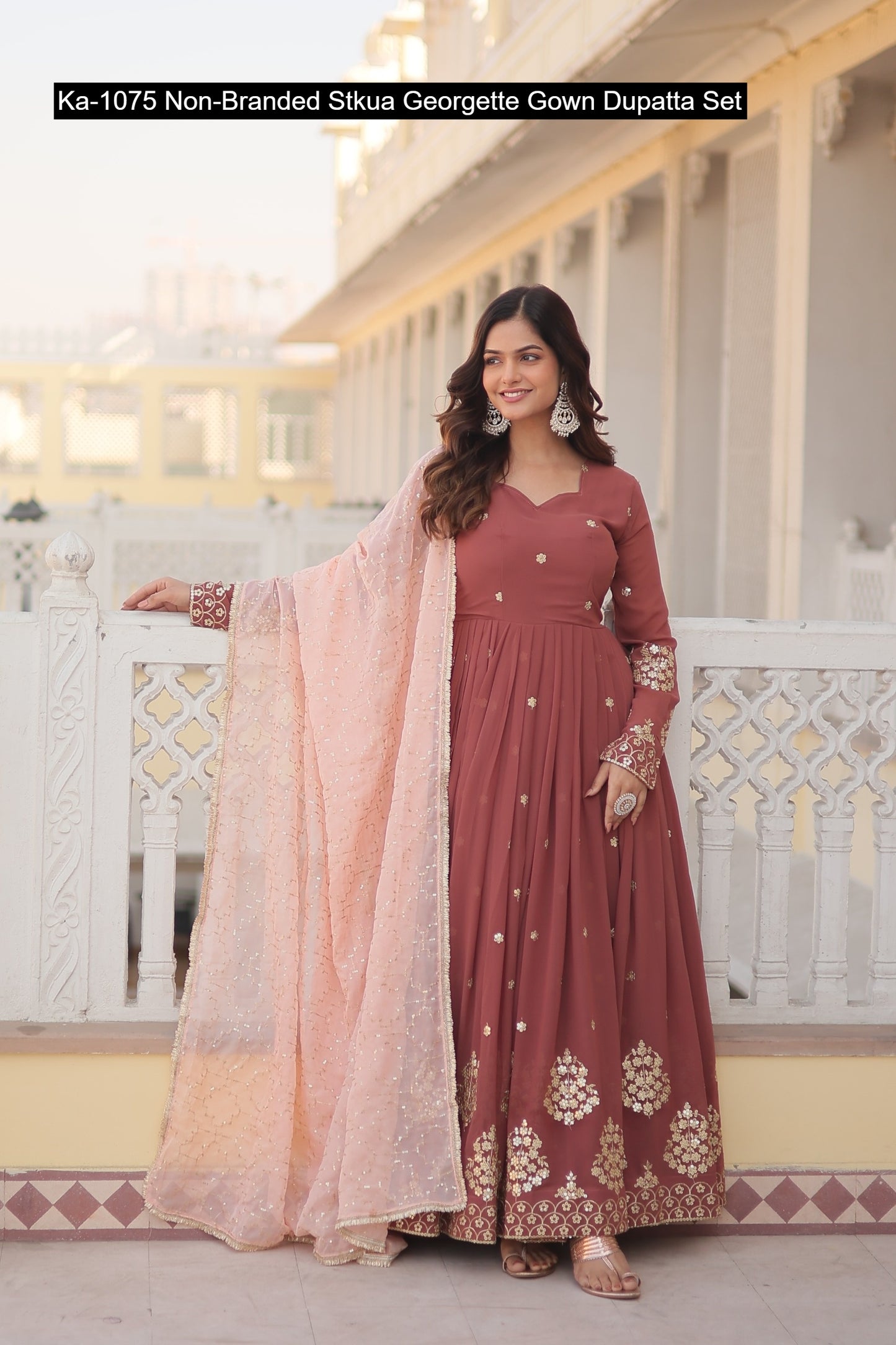 Ka-1075 Non-Branded Stkua Georgette Gown Dupatta Set