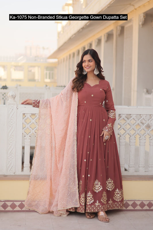Ka-1075 Non-Branded Stkua Georgette Gown Dupatta Set