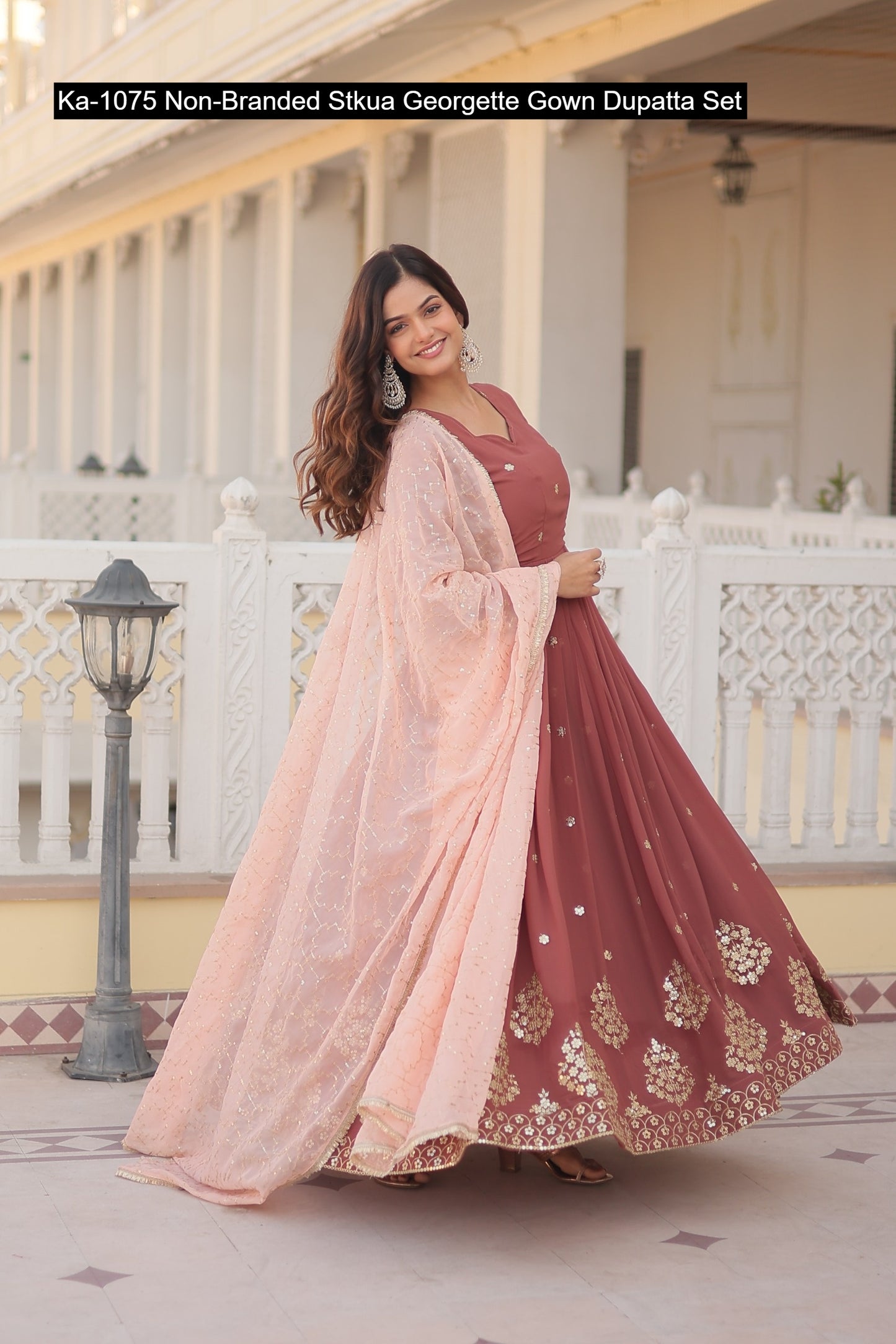 Ka-1075 Non-Branded Stkua Georgette Gown Dupatta Set
