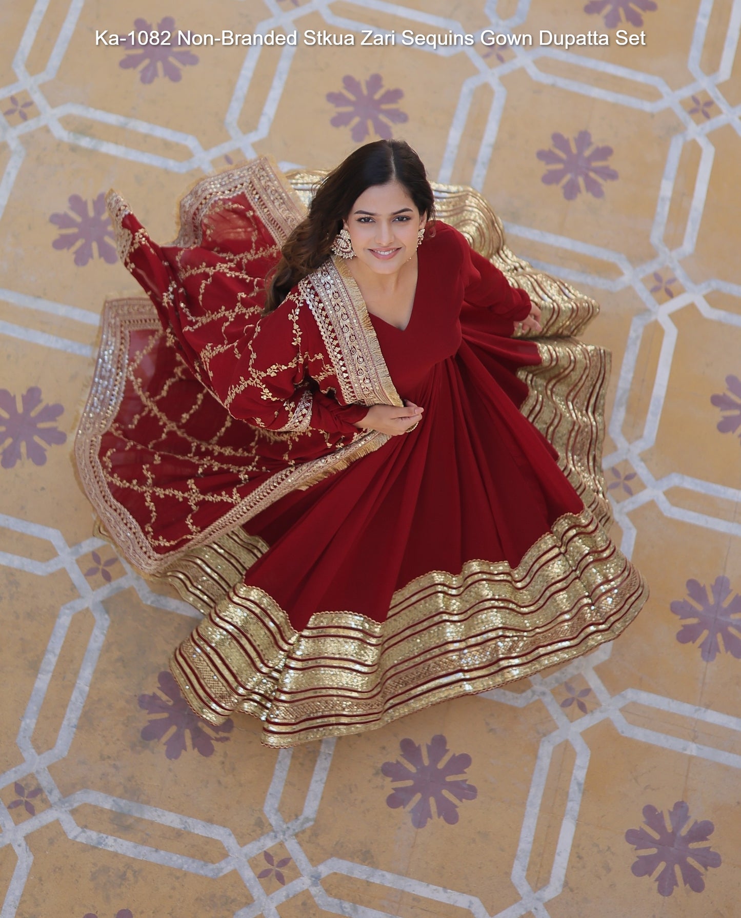 Ka-1082 Non-Branded Stkua Zari Sequins Gown Dupatta Set