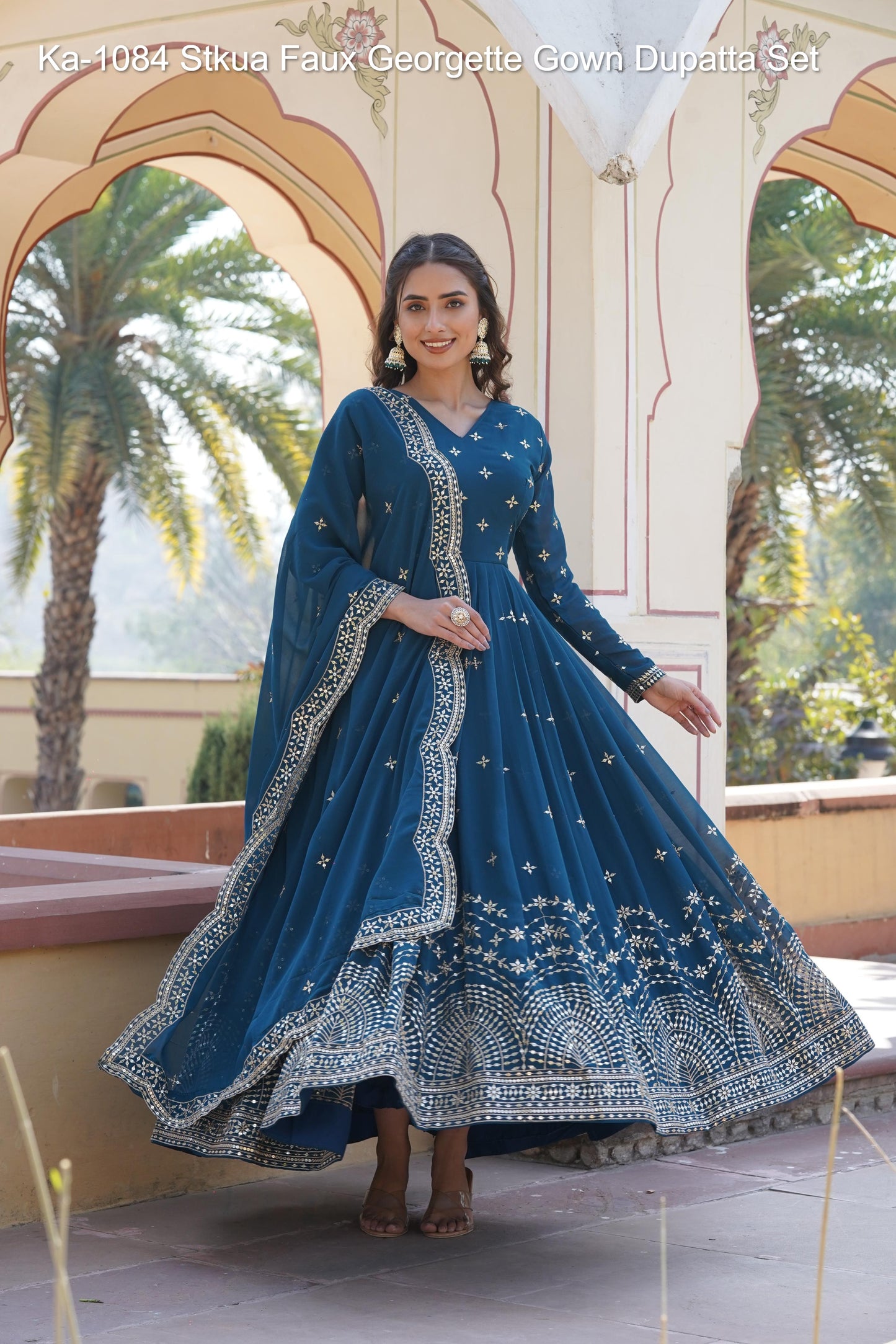 Ka-1084 Non-Branded Stkua Faux Georgette Gown Dupatta Set