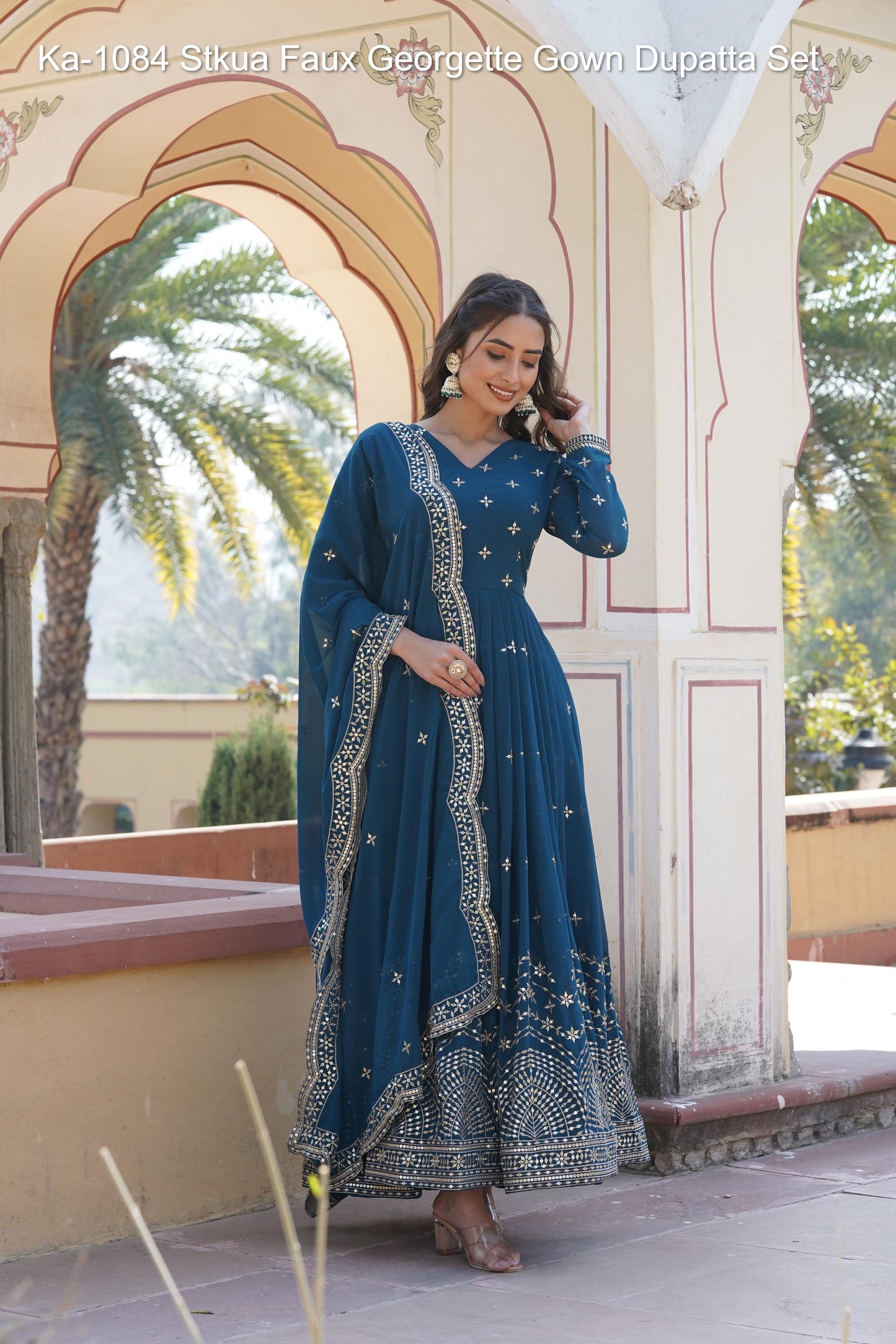 Ka-1084 Non-Branded Stkua Faux Georgette Gown Dupatta Set