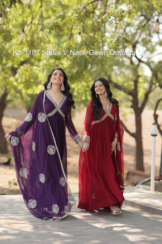 Ka-1107 Stkua V Neck Gown Dupatta Set
