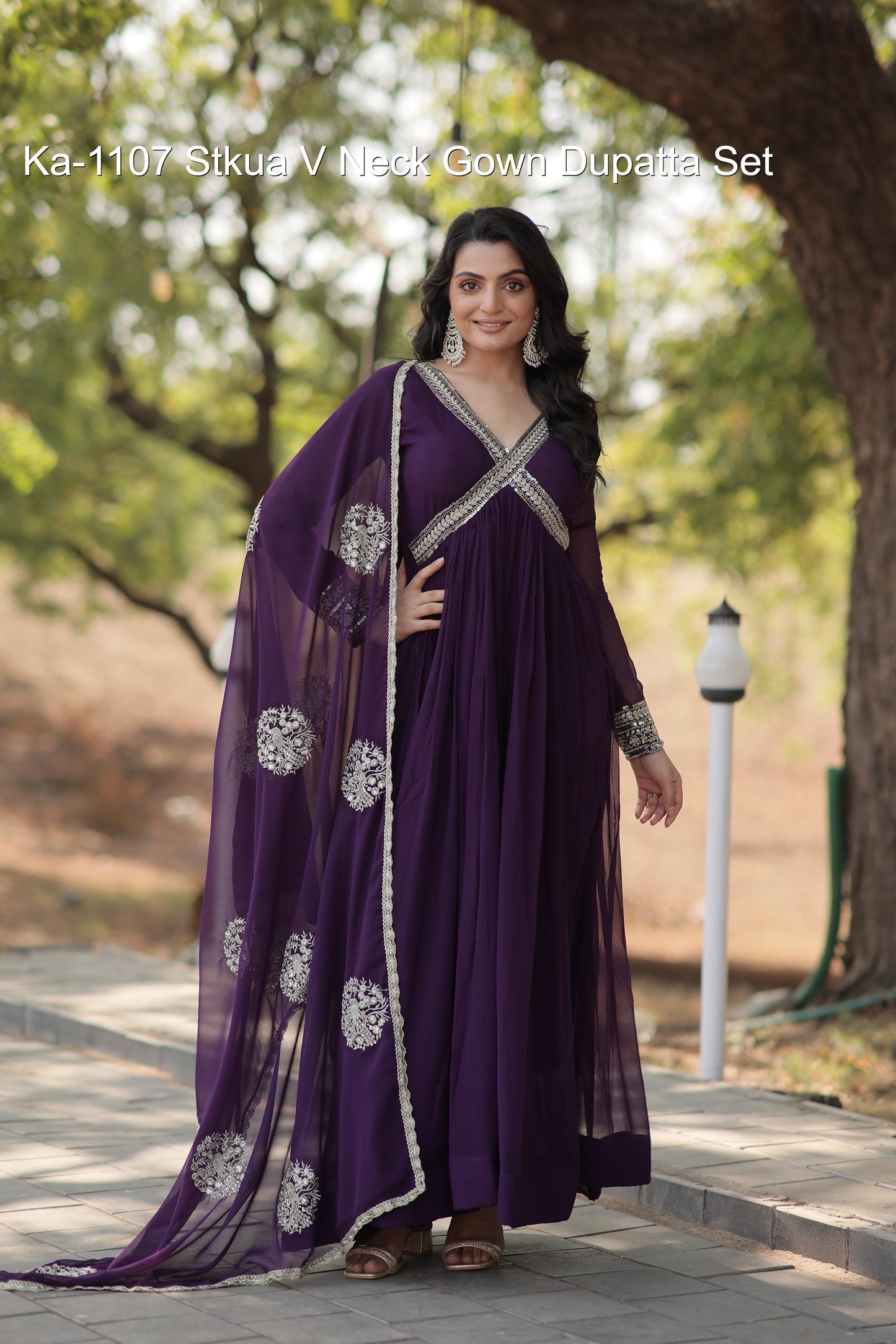 Ka-1107 Stkua V Neck Gown Dupatta Set