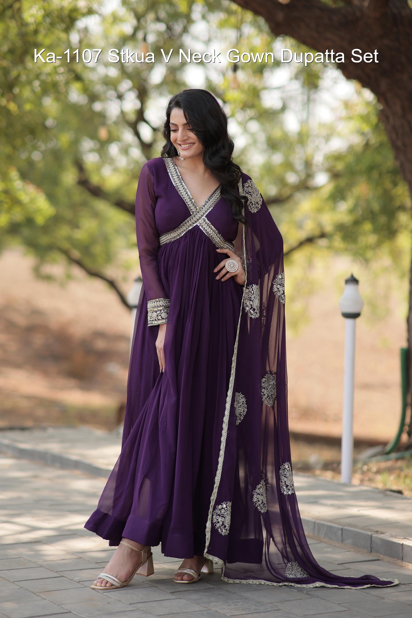 Ka-1107 Stkua V Neck Gown Dupatta Set