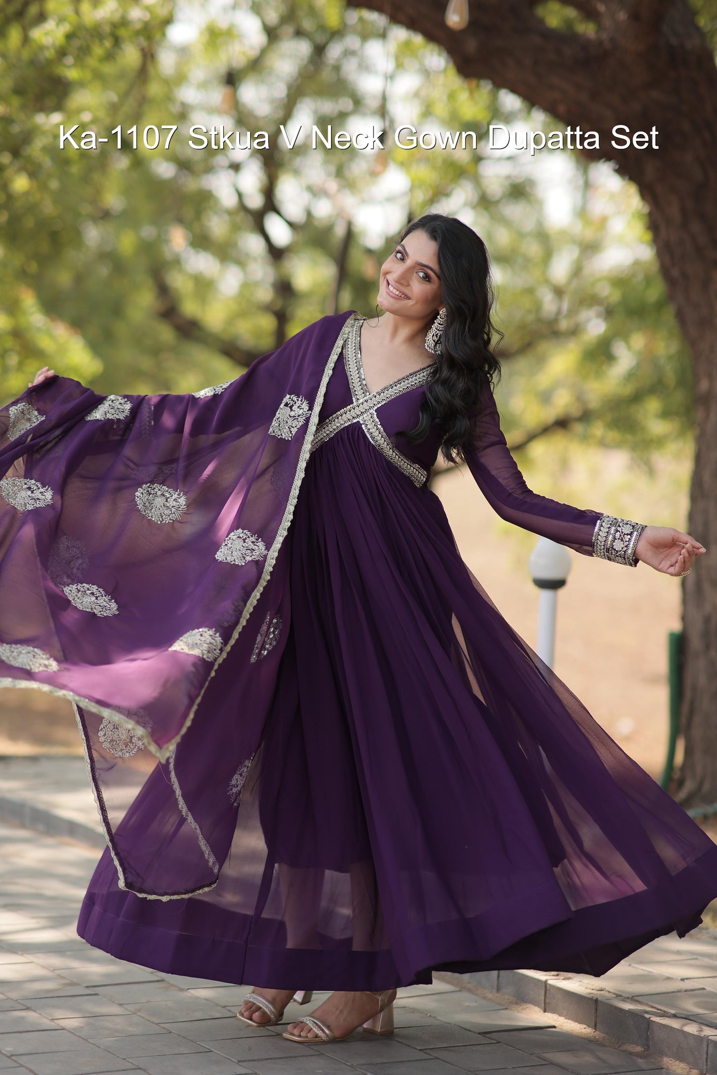 Ka-1107 Stkua V Neck Gown Dupatta Set