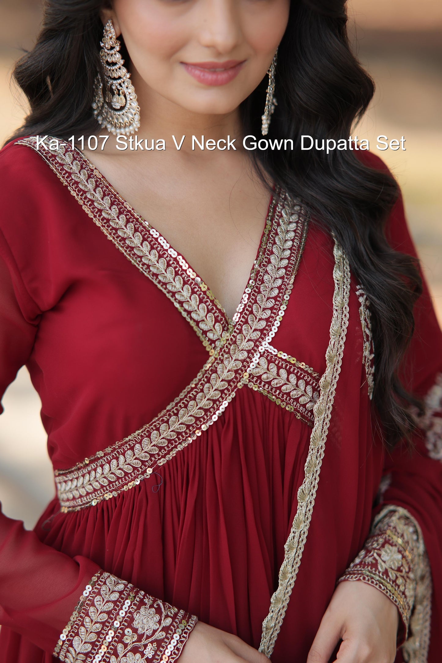 Ka-1107 Stkua V Neck Gown Dupatta Set