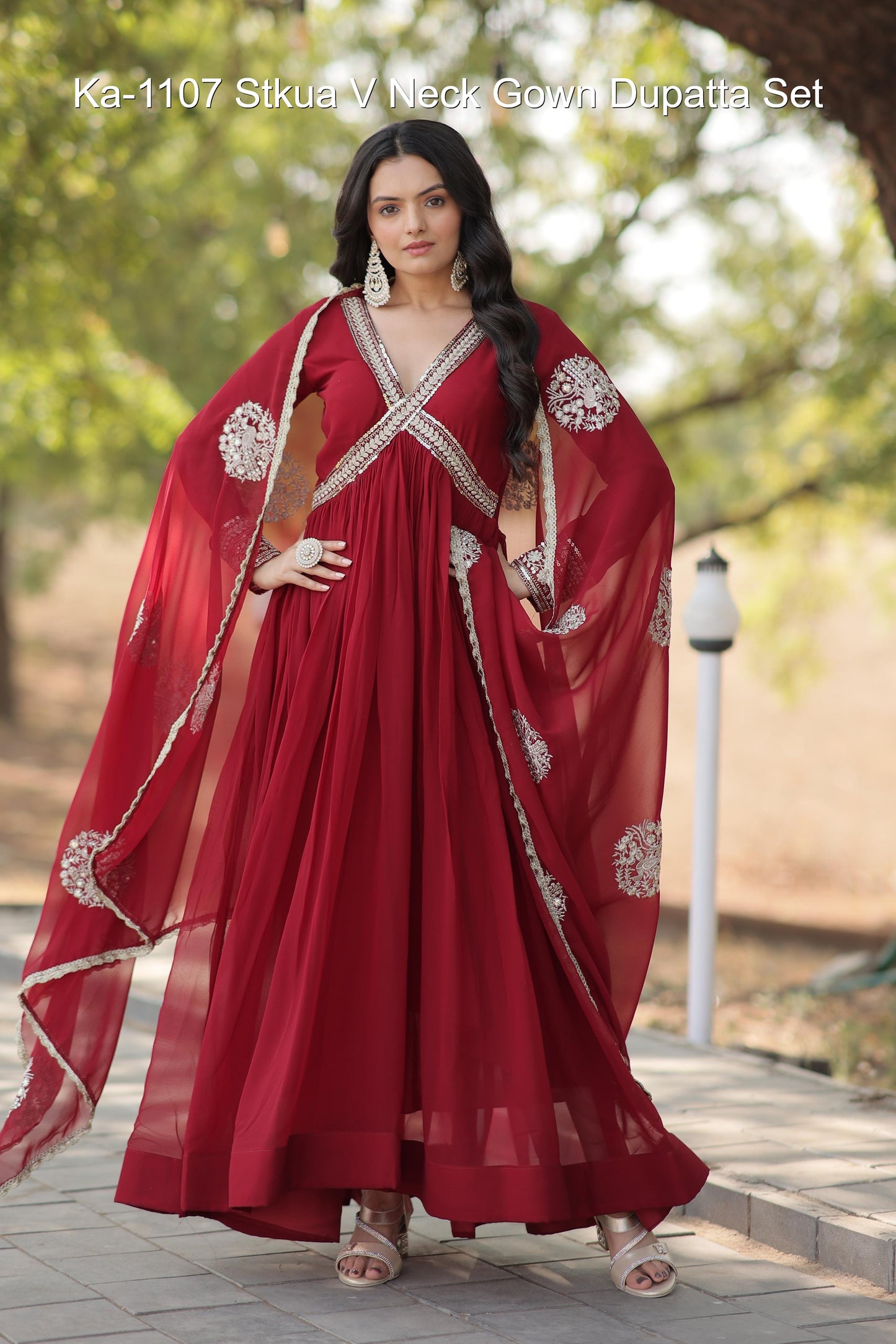 Ka-1107 Stkua V Neck Gown Dupatta Set