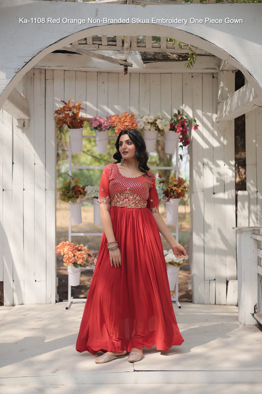 Ka-1108 Red Orange Non-Branded Stkua Embroidery One Piece Gown