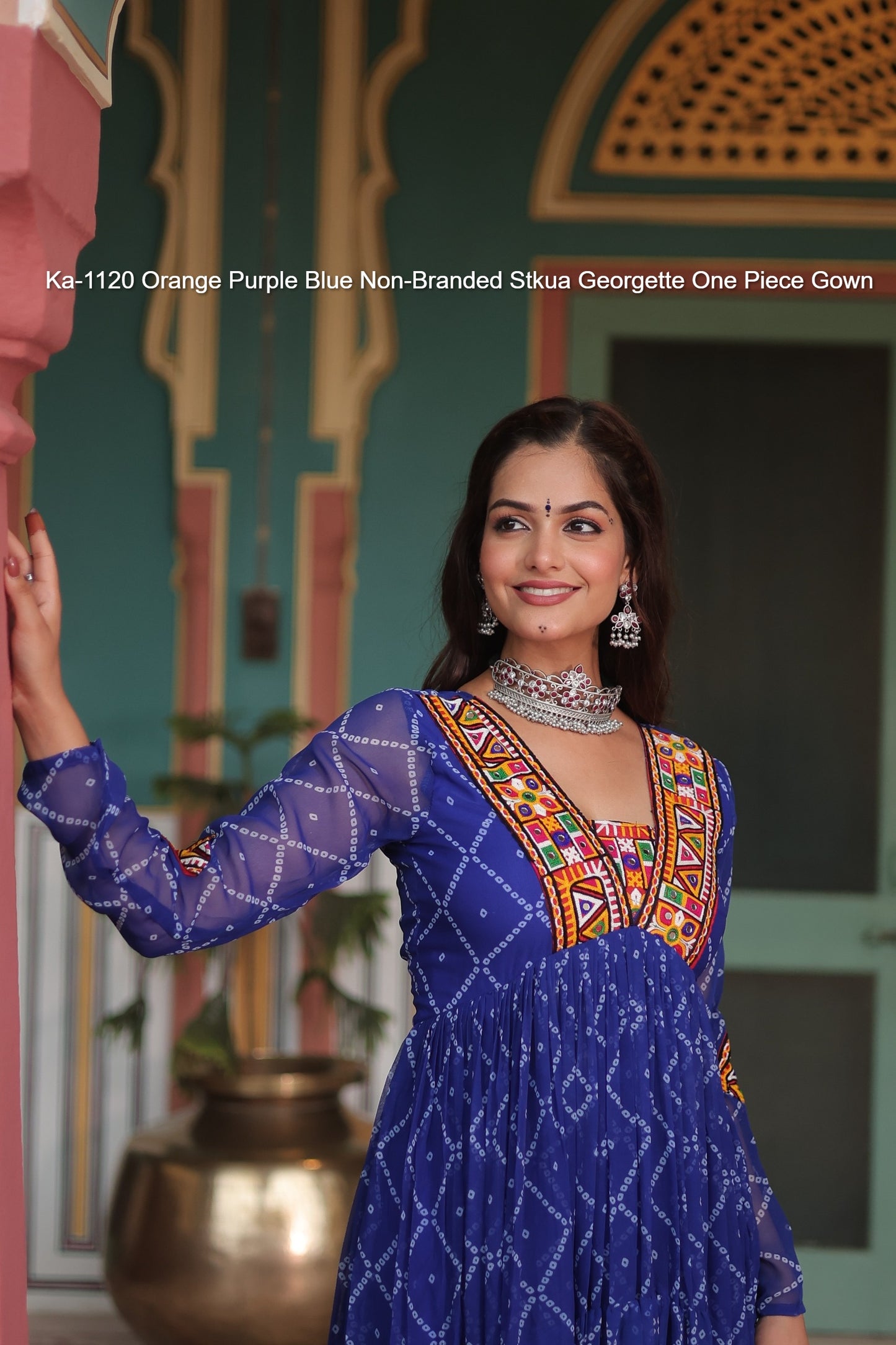 Ka-1120 Orange Purple Blue Non-Branded Stkua Georgette One Piece Gown