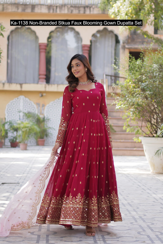 Ka-1138 Non-Branded Stkua Faux Blooming Gown Dupatta Set