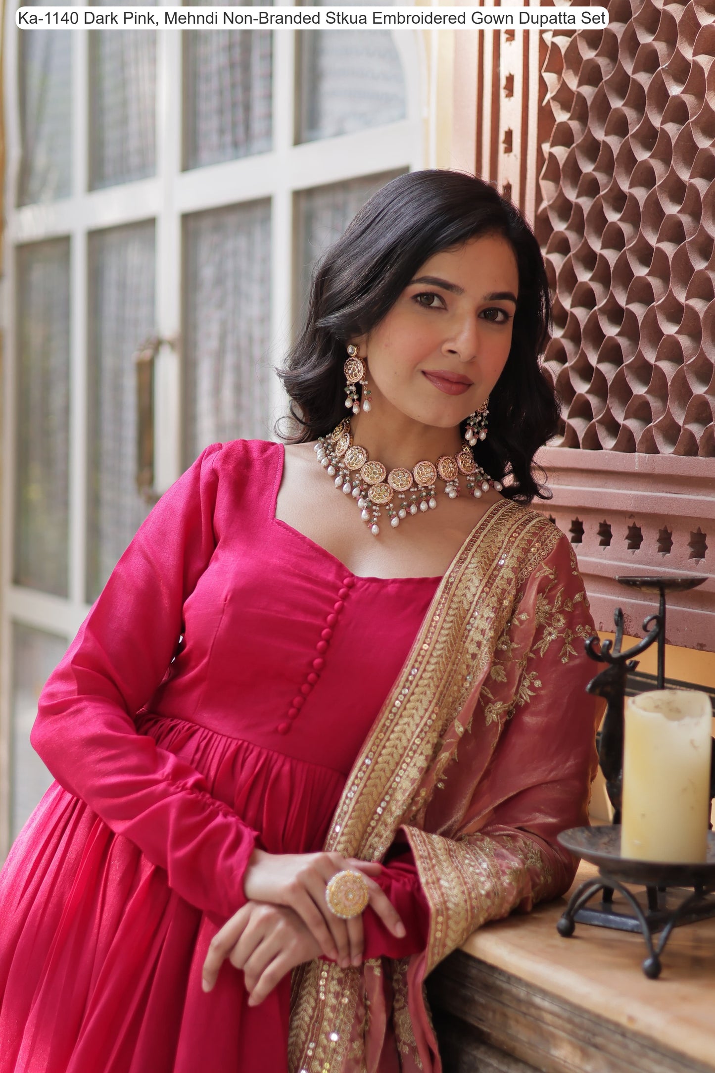 Ka-1140 Dark Pink, Mehndi Non-Branded Stkua Embroidered Gown Dupatta Set