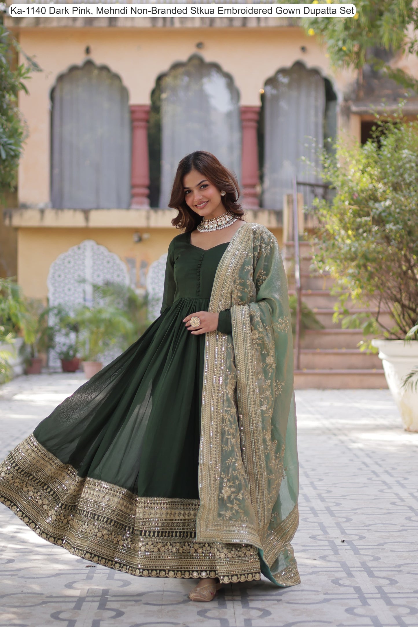 Ka-1140 Dark Pink, Mehndi Non-Branded Stkua Embroidered Gown Dupatta Set