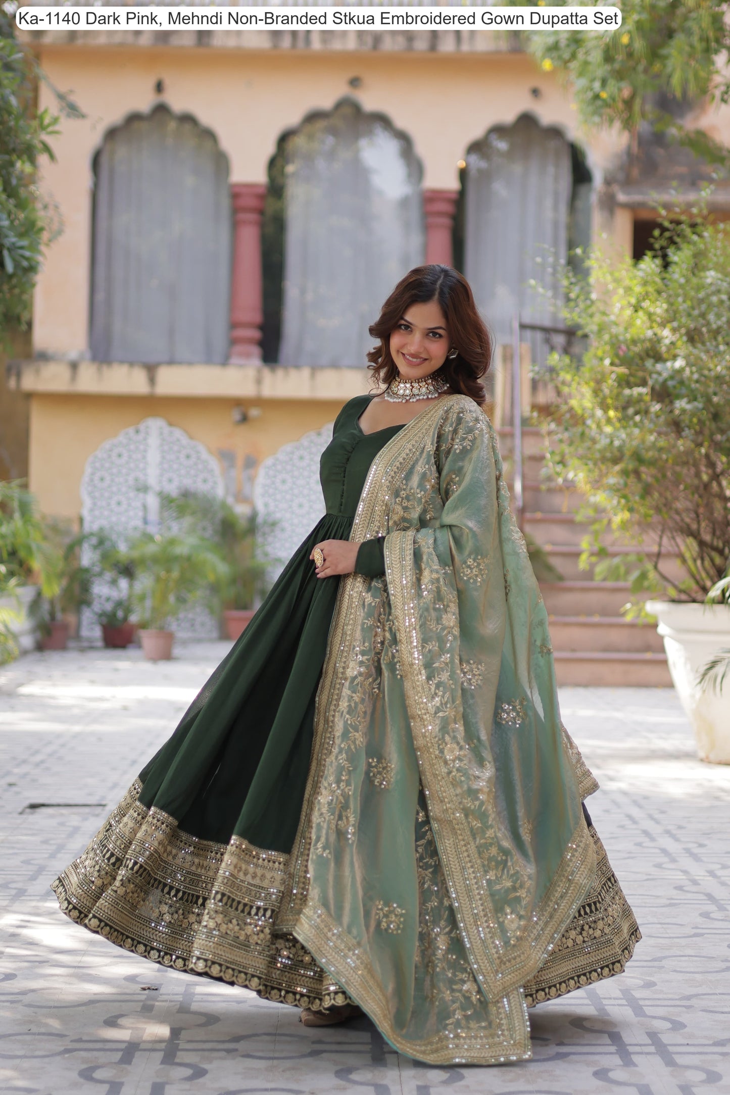 Ka-1140 Dark Pink, Mehndi Non-Branded Stkua Embroidered Gown Dupatta Set