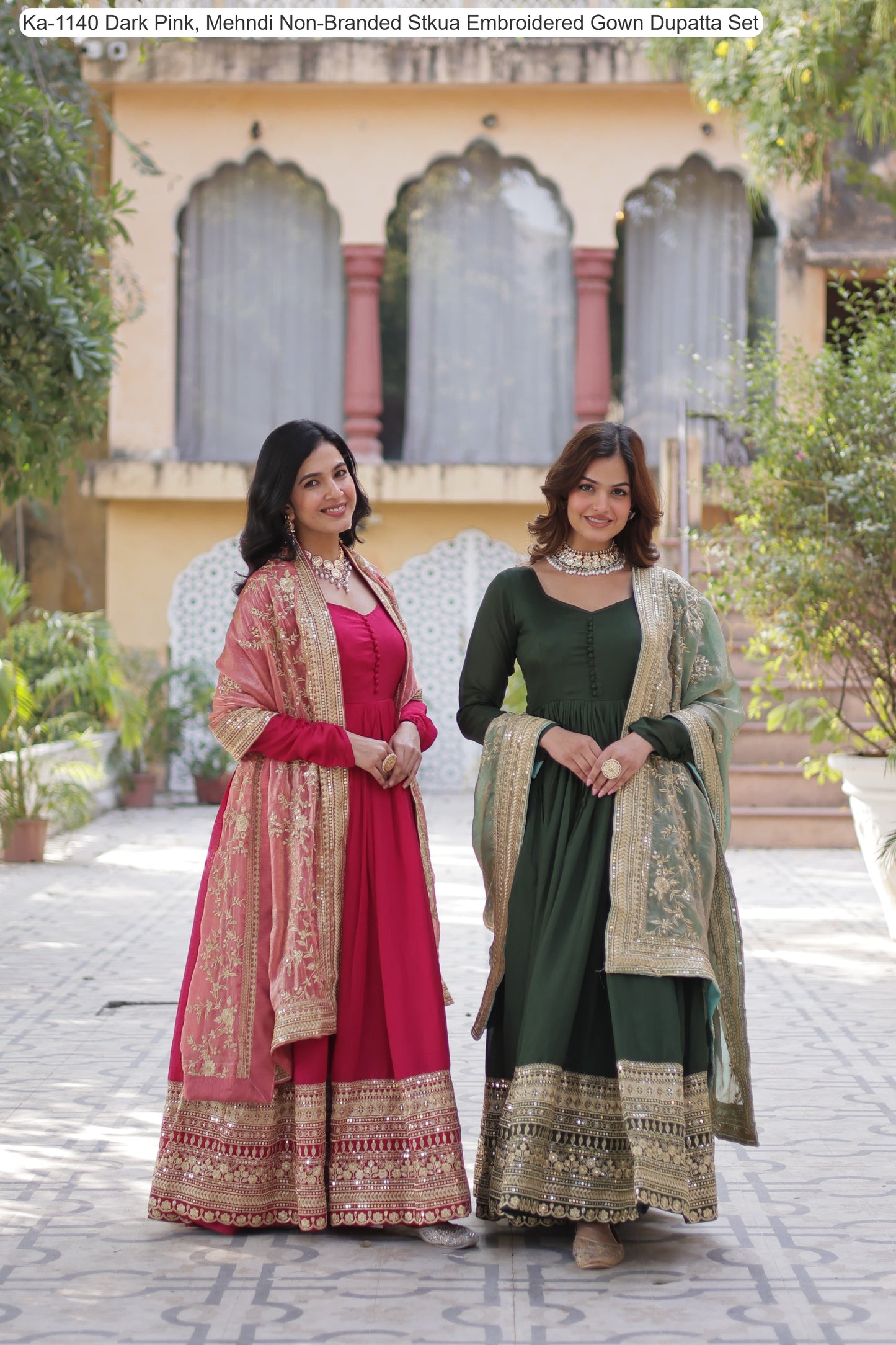 Ka-1140 Dark Pink, Mehndi Non-Branded Stkua Embroidered Gown Dupatta Set