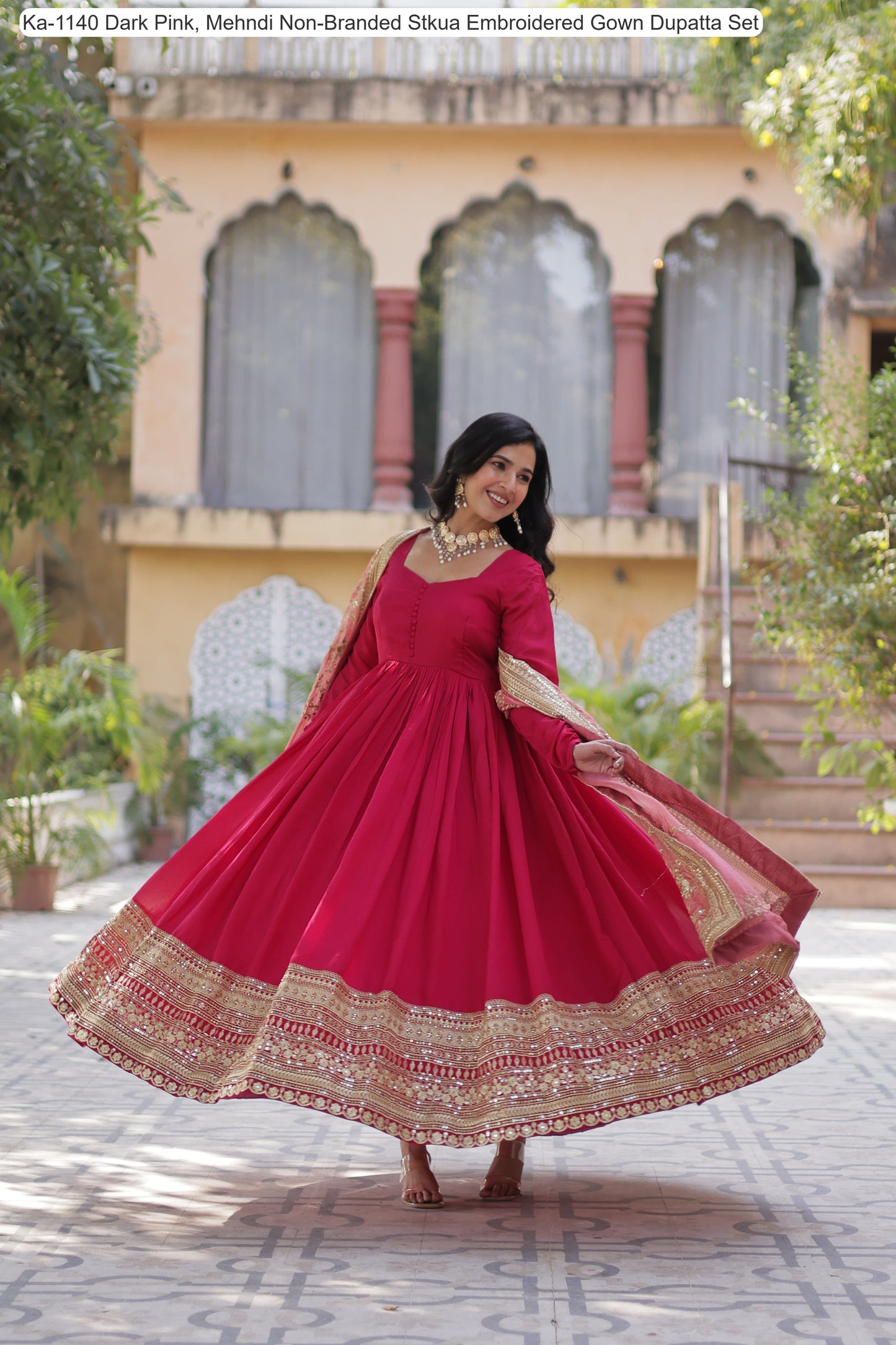 Ka-1140 Dark Pink, Mehndi Non-Branded Stkua Embroidered Gown Dupatta Set