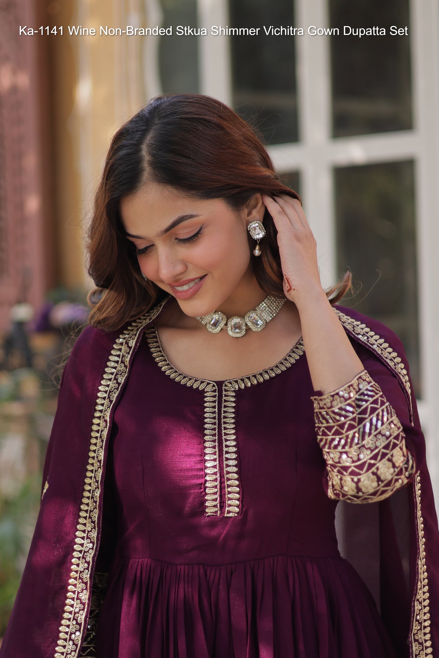 Ka-1141 Wine Non-Branded Stkua Shimmer Vichitra Gown Dupatta Set
