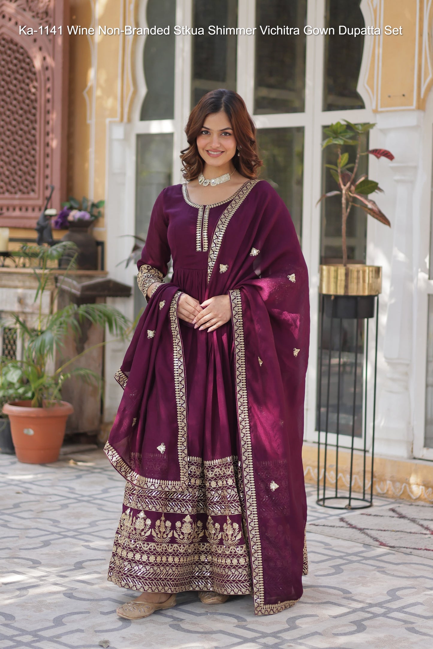 Ka-1141 Wine Non-Branded Stkua Shimmer Vichitra Gown Dupatta Set