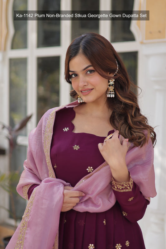 Ka-1142 Plum Non-Branded Stkua Georgette Gown Dupatta Set