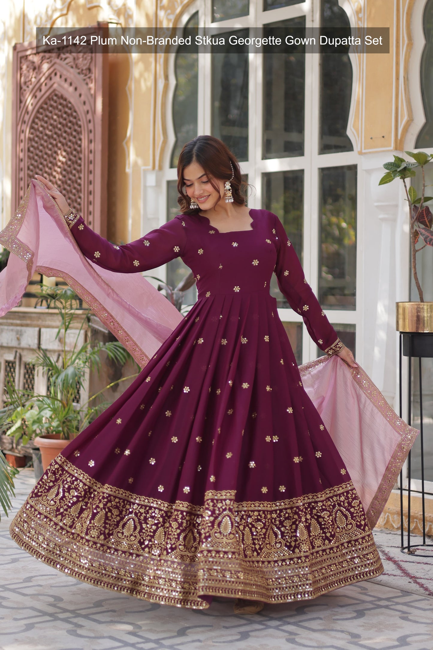 Ka-1142 Plum Non-Branded Stkua Georgette Gown Dupatta Set