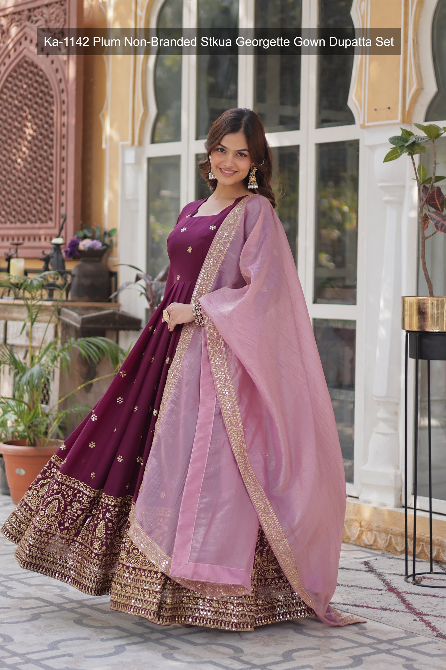 Ka-1142 Plum Non-Branded Stkua Georgette Gown Dupatta Set