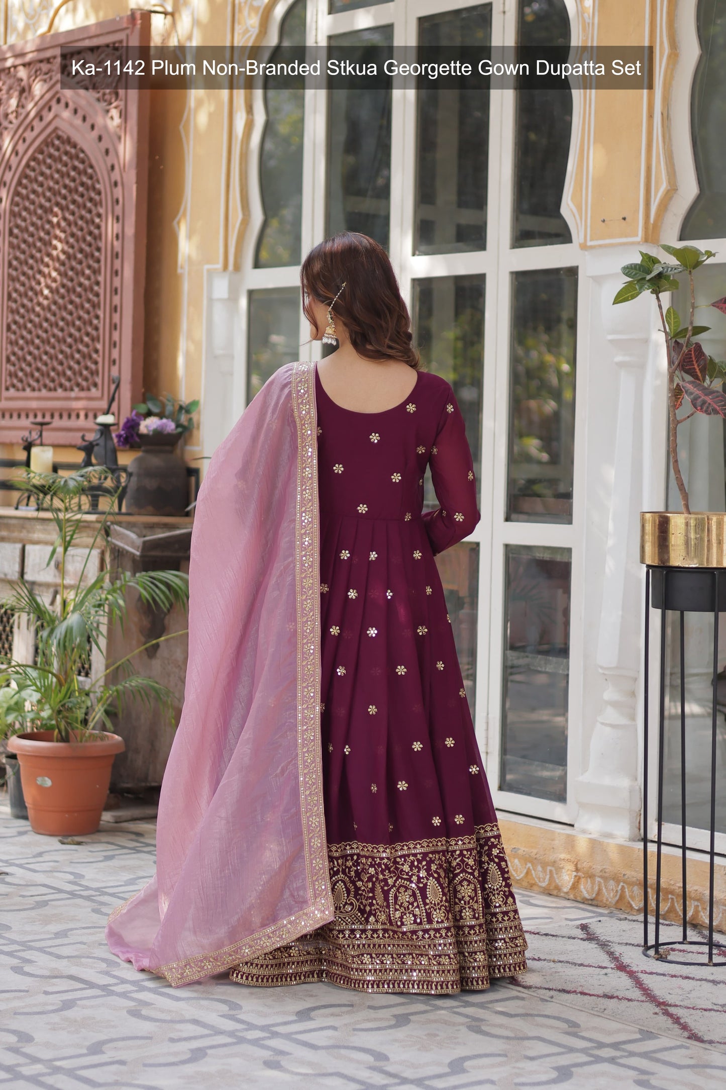 Ka-1142 Plum Non-Branded Stkua Georgette Gown Dupatta Set