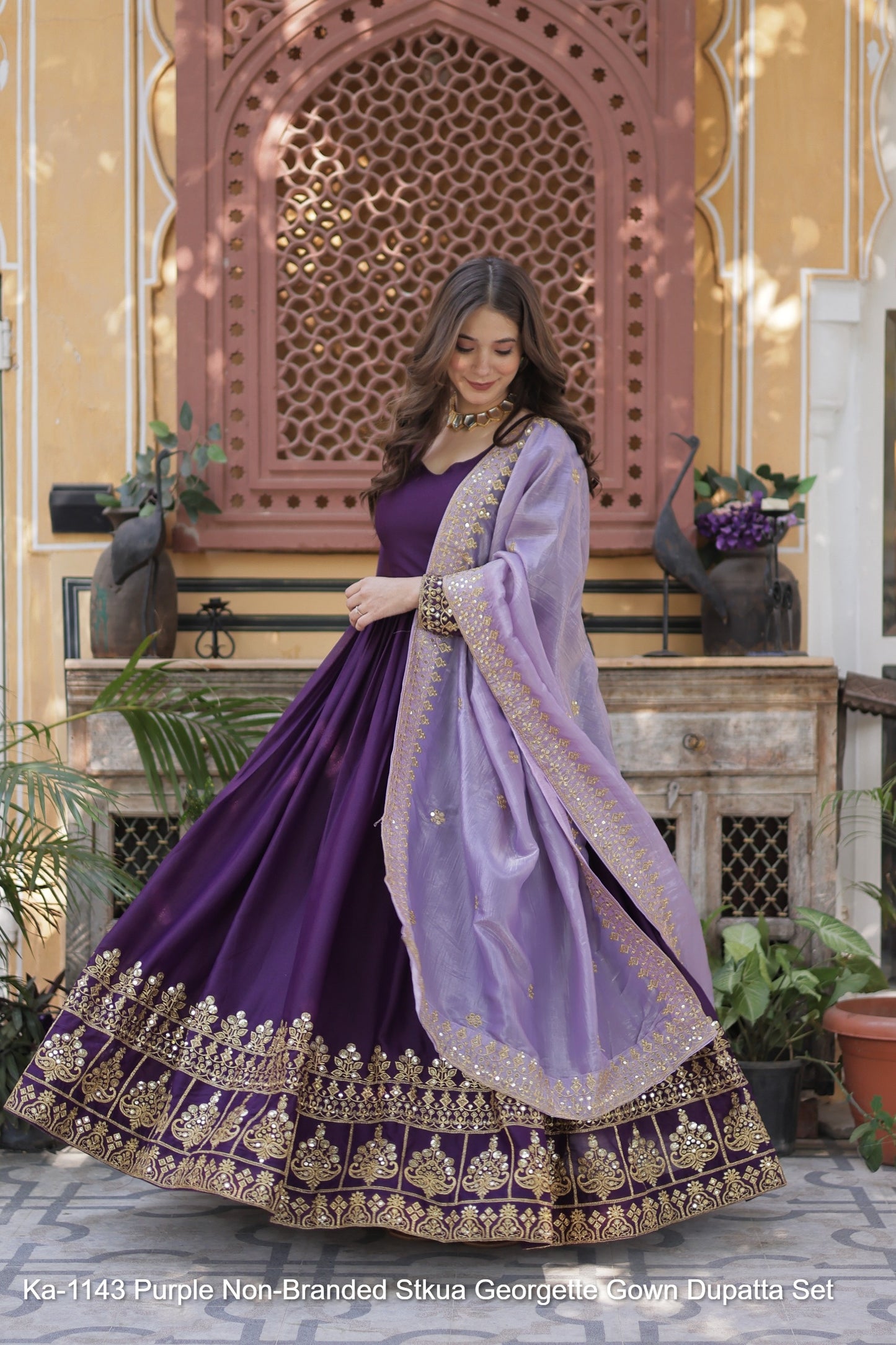 Ka-1143 Purple Non-Branded Stkua Georgette Gown Dupatta Set