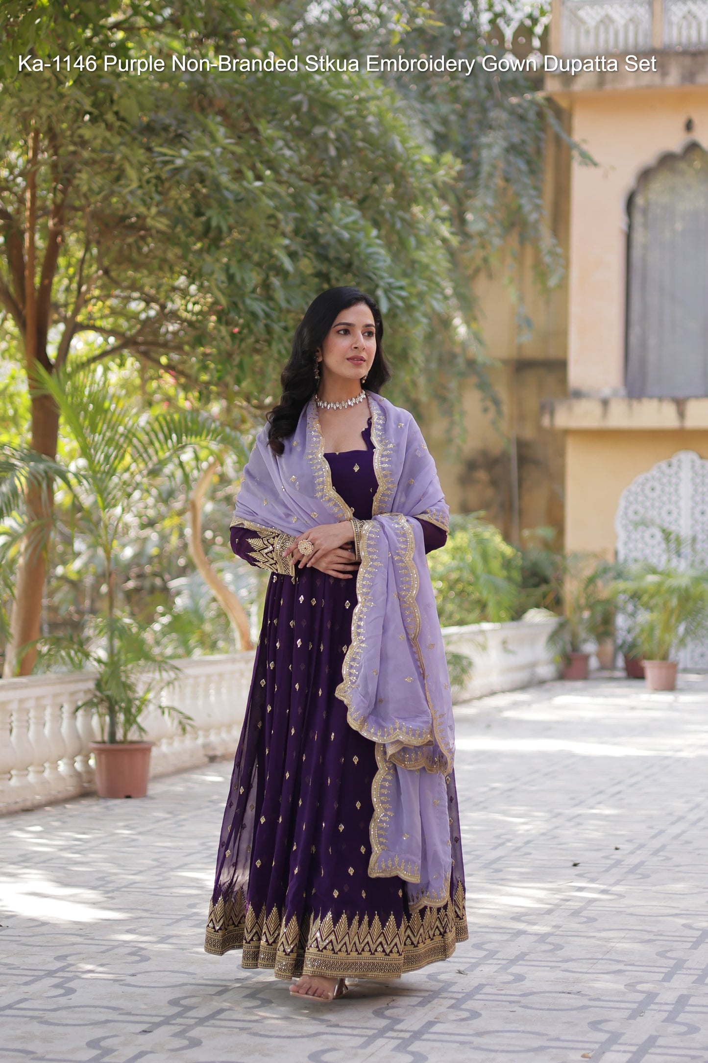Ka-1146 Purple Non-Branded Stkua Embroidery Gown Dupatta Set