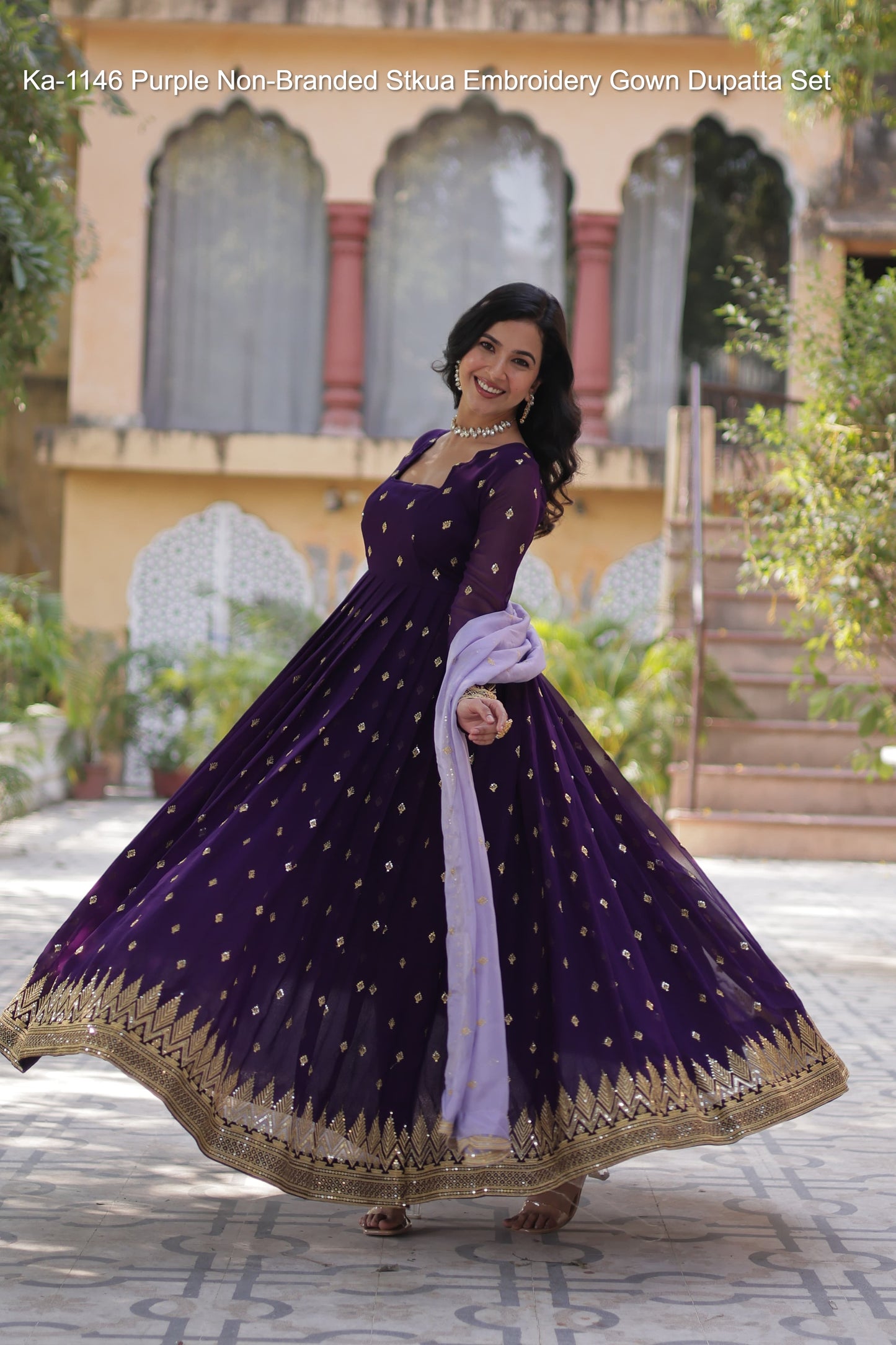 Ka-1146 Purple Non-Branded Stkua Embroidery Gown Dupatta Set