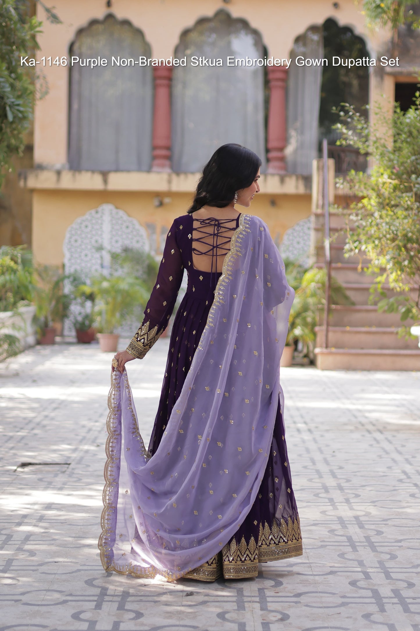 Ka-1146 Purple Non-Branded Stkua Embroidery Gown Dupatta Set