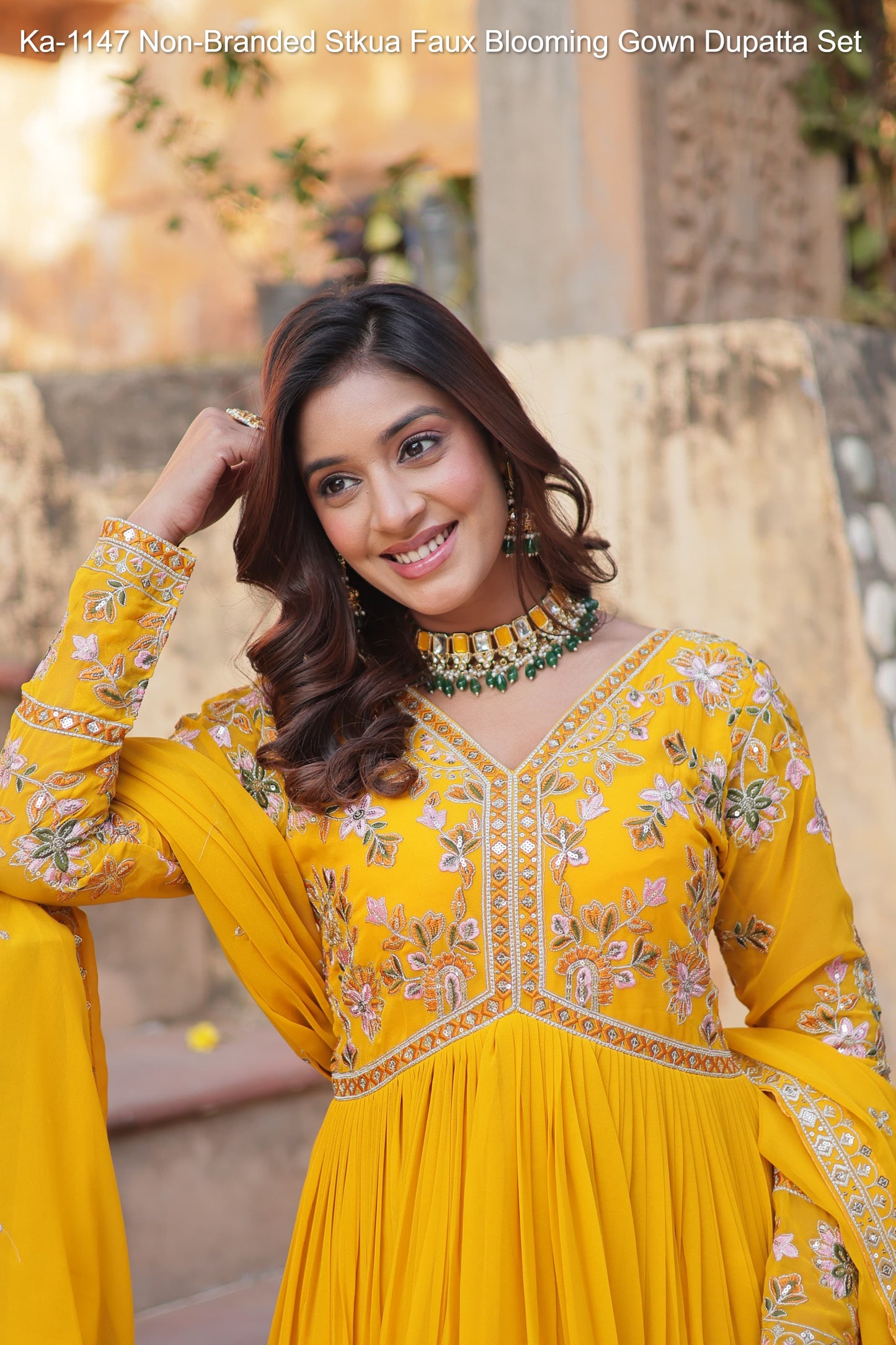 Ka-1147 Non-Branded Stkua Faux Blooming Gown Dupatta Set
