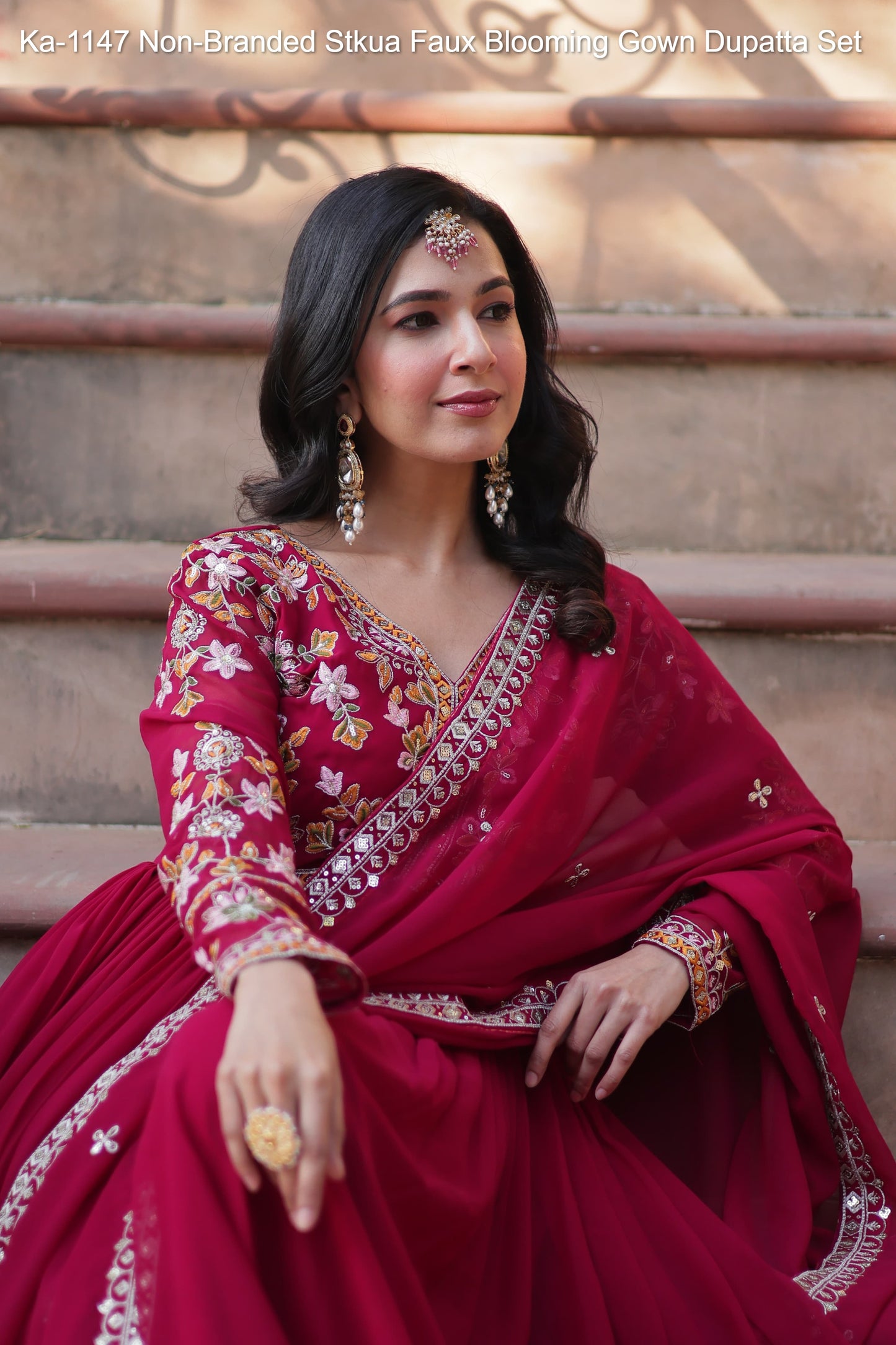 Ka-1147 Non-Branded Stkua Faux Blooming Gown Dupatta Set