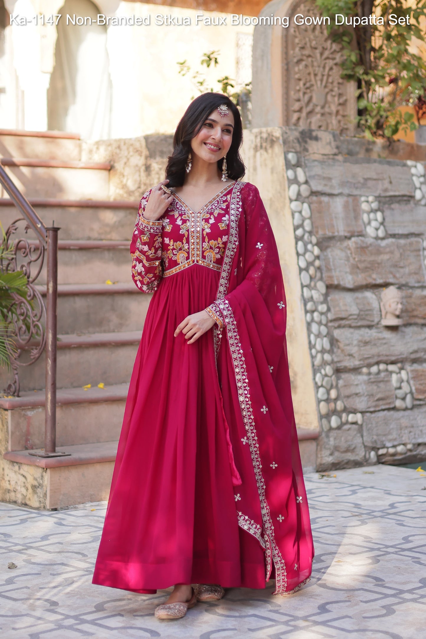 Ka-1147 Non-Branded Stkua Faux Blooming Gown Dupatta Set