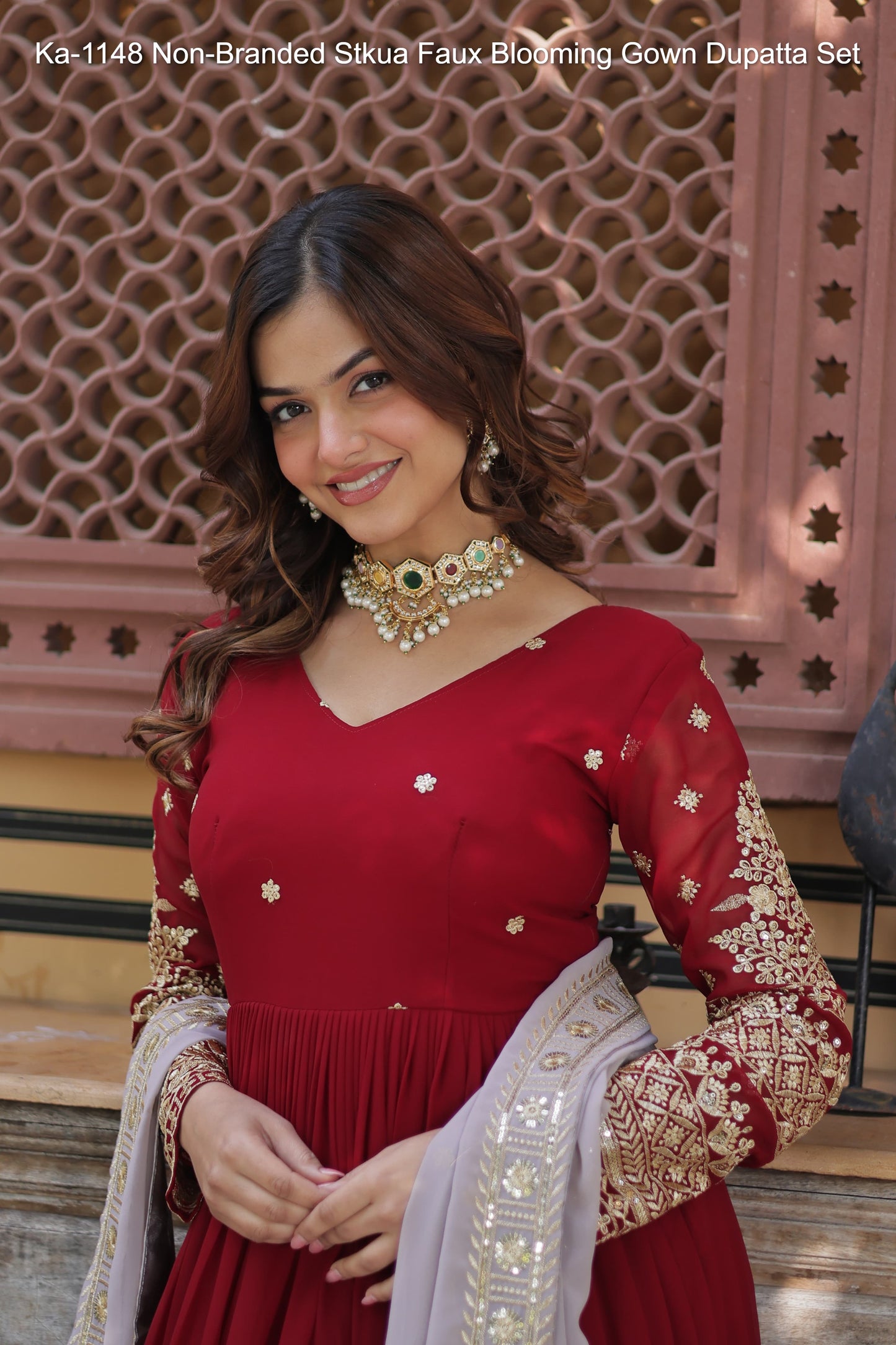 Ka-1148 Non-Branded Stkua Faux Blooming Gown Dupatta Set