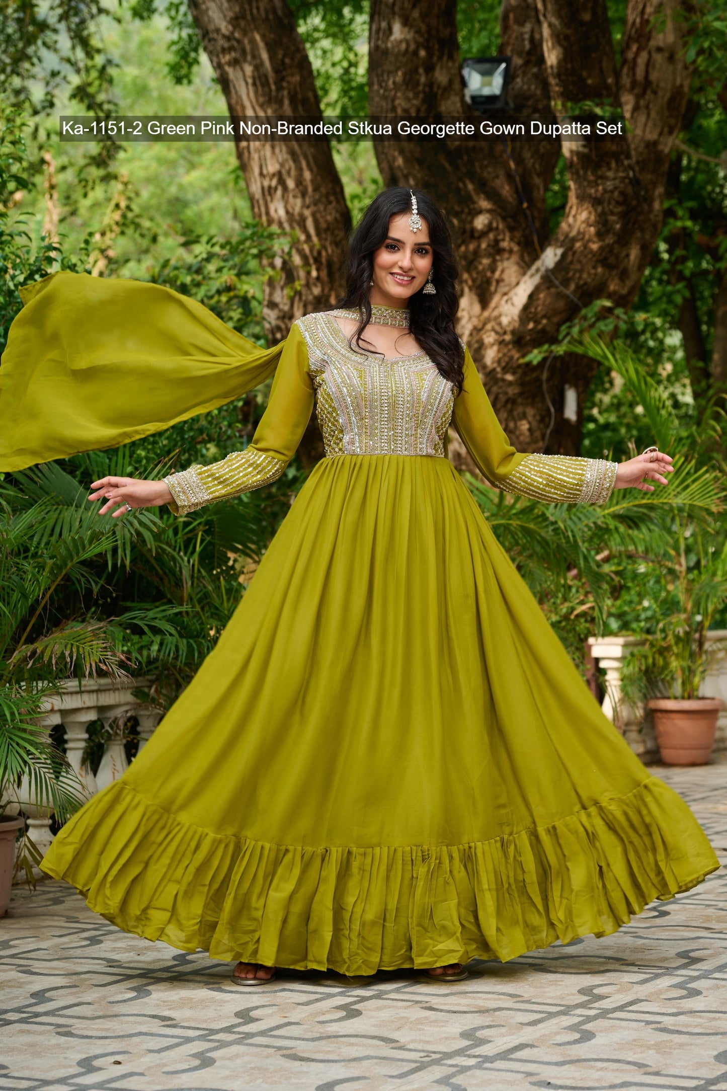 Ka-1151-2 Green Pink Non-Branded Stkua Georgette Gown Dupatta Set