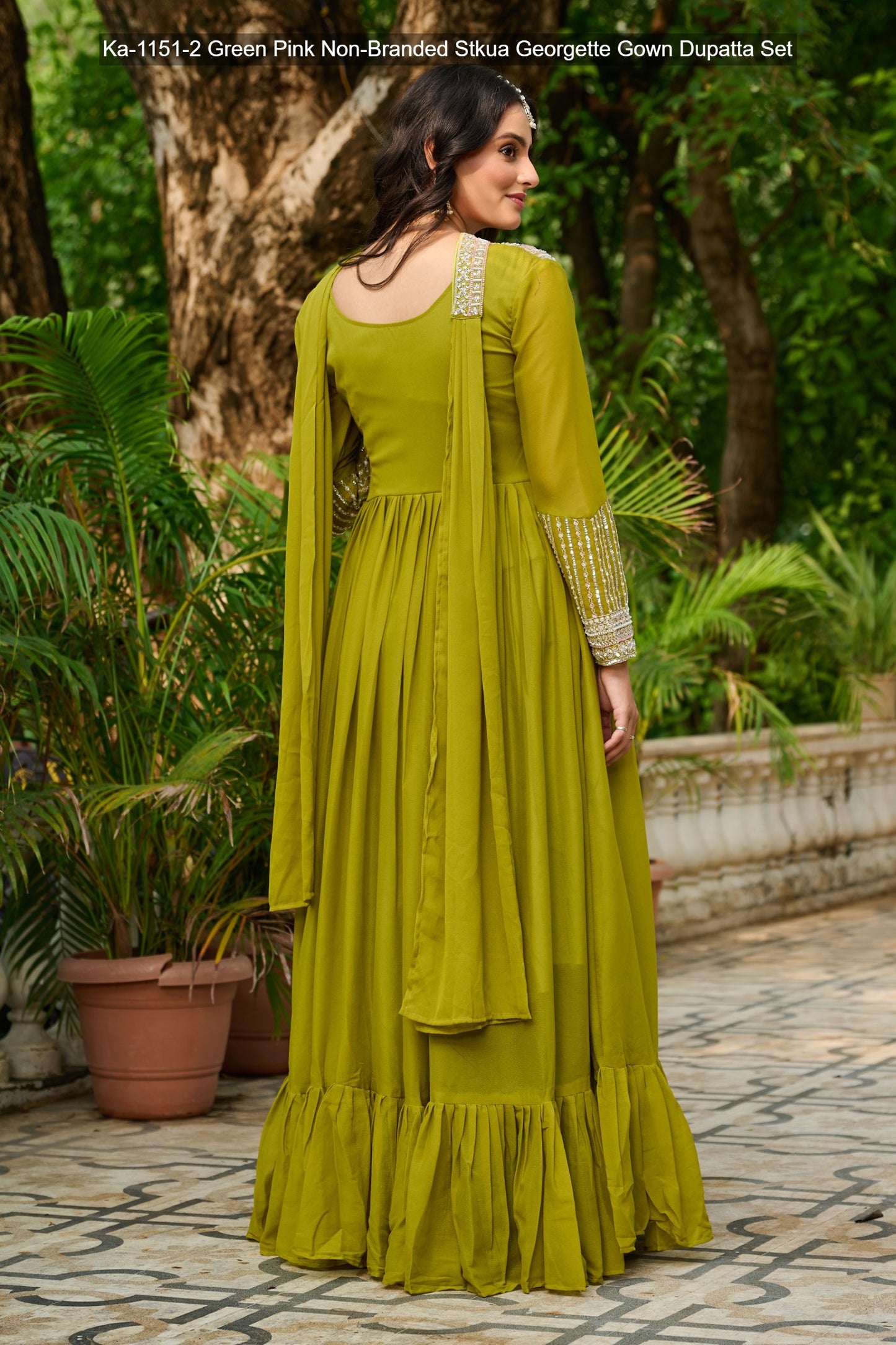 Ka-1151-2 Green Pink Non-Branded Stkua Georgette Gown Dupatta Set