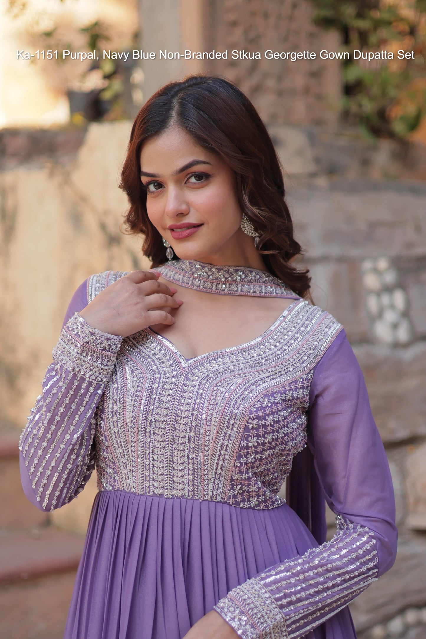 Ka-1151 Purpal, Navy Blue Non-Branded Stkua Georgette Gown Dupatta Set